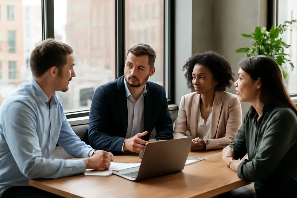 Illustration of a team discussing a website project