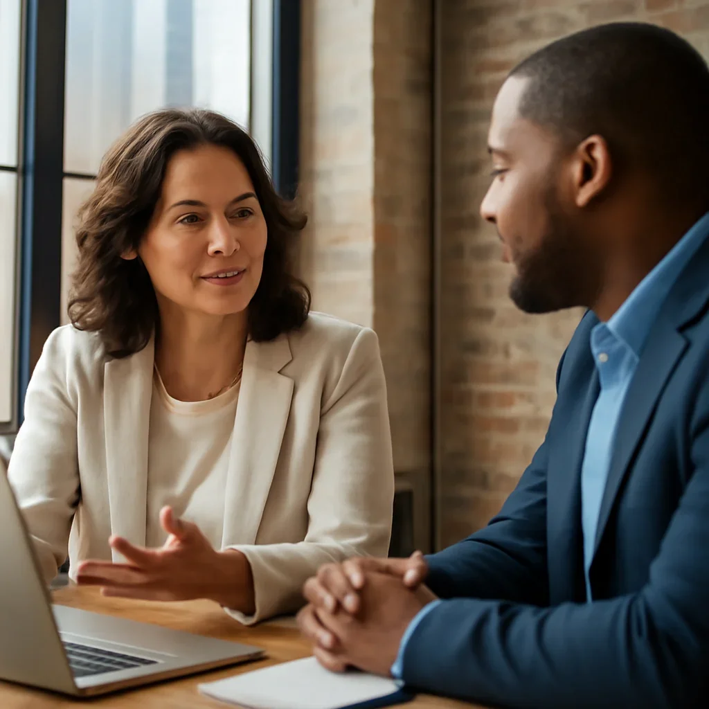 Business owner discussing next steps for competitor monitoring