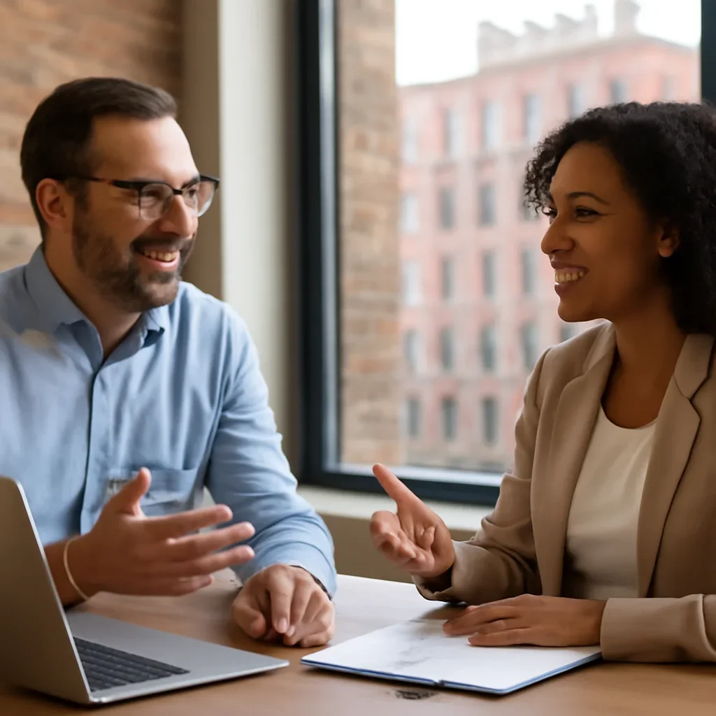 Business owner discussing next steps for service features overview