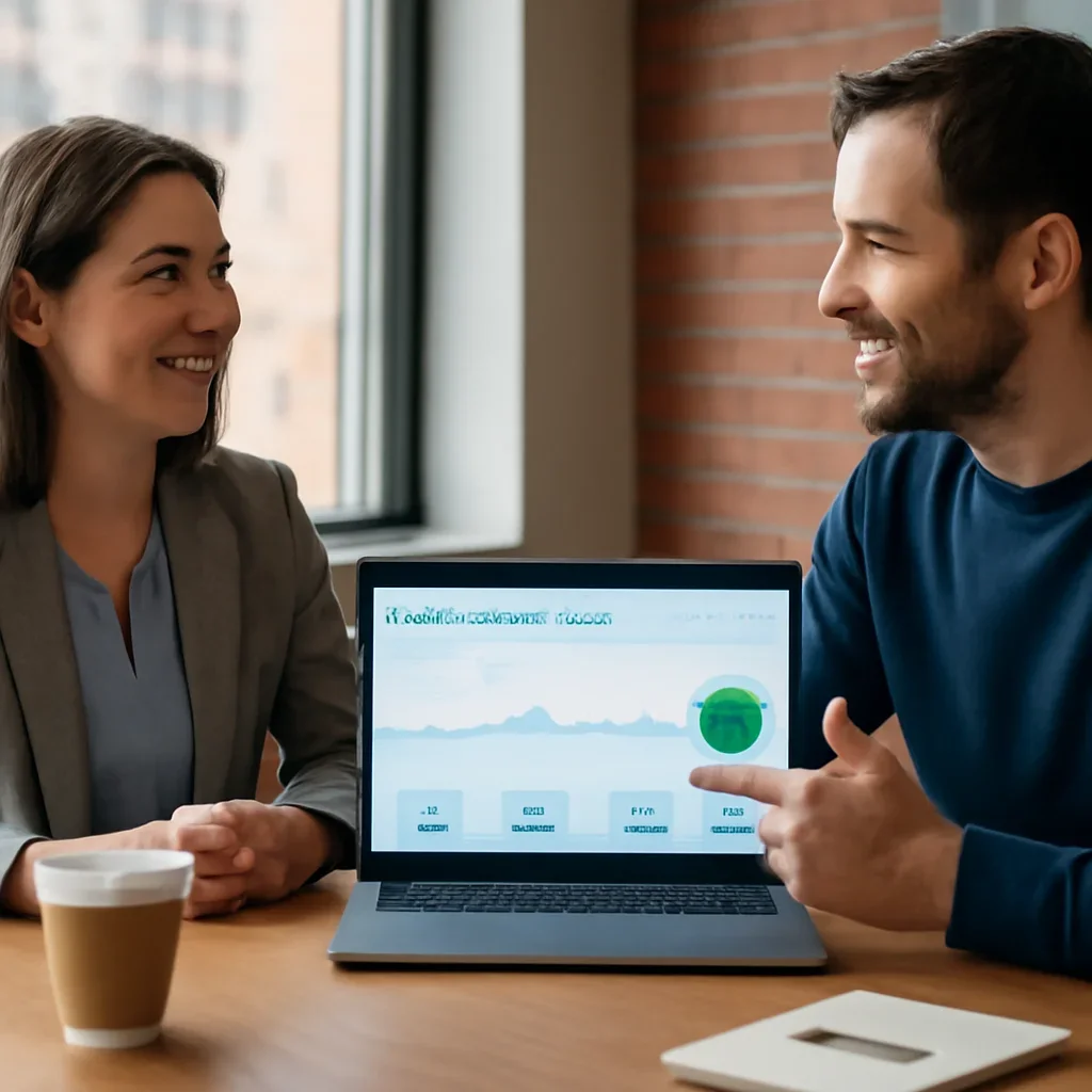 Business owner discussing next steps for seo reporting dashboard