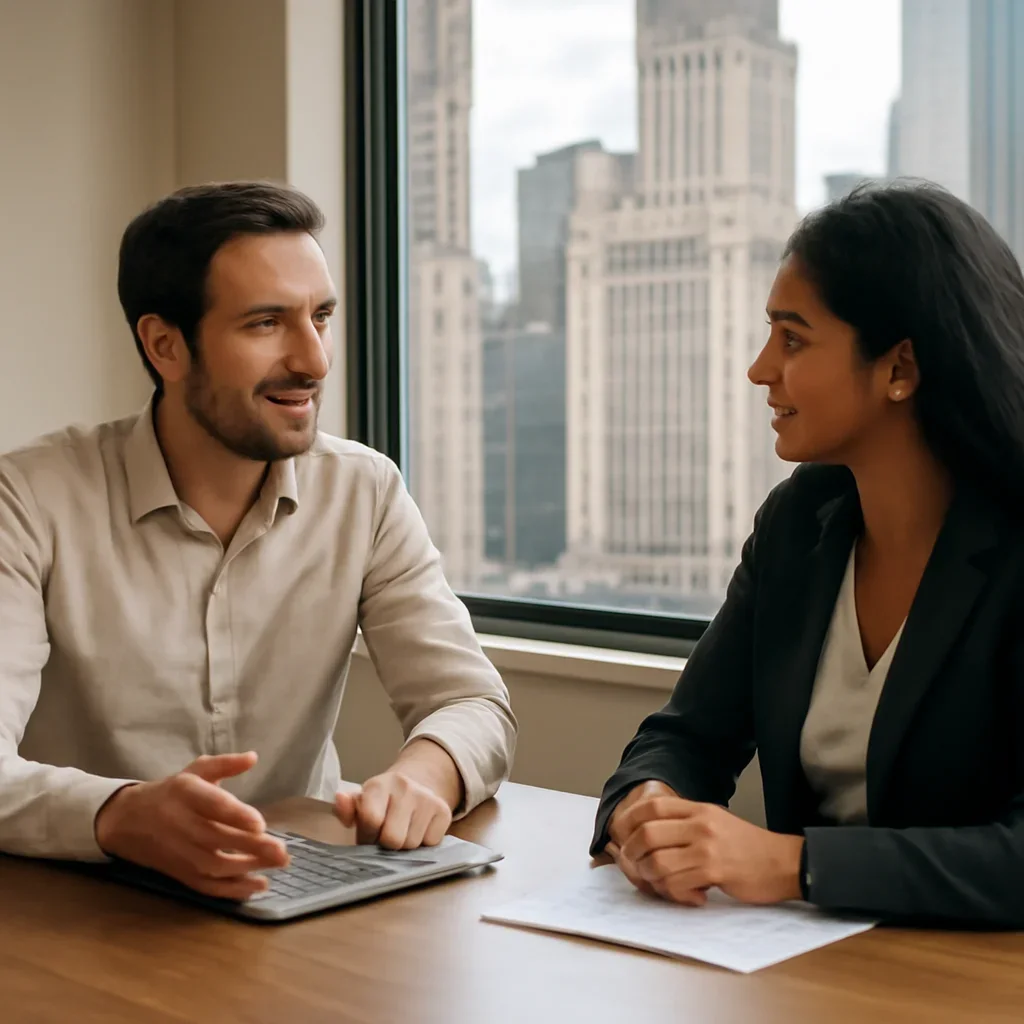 Business owner discussing next steps for free chicago seo audit