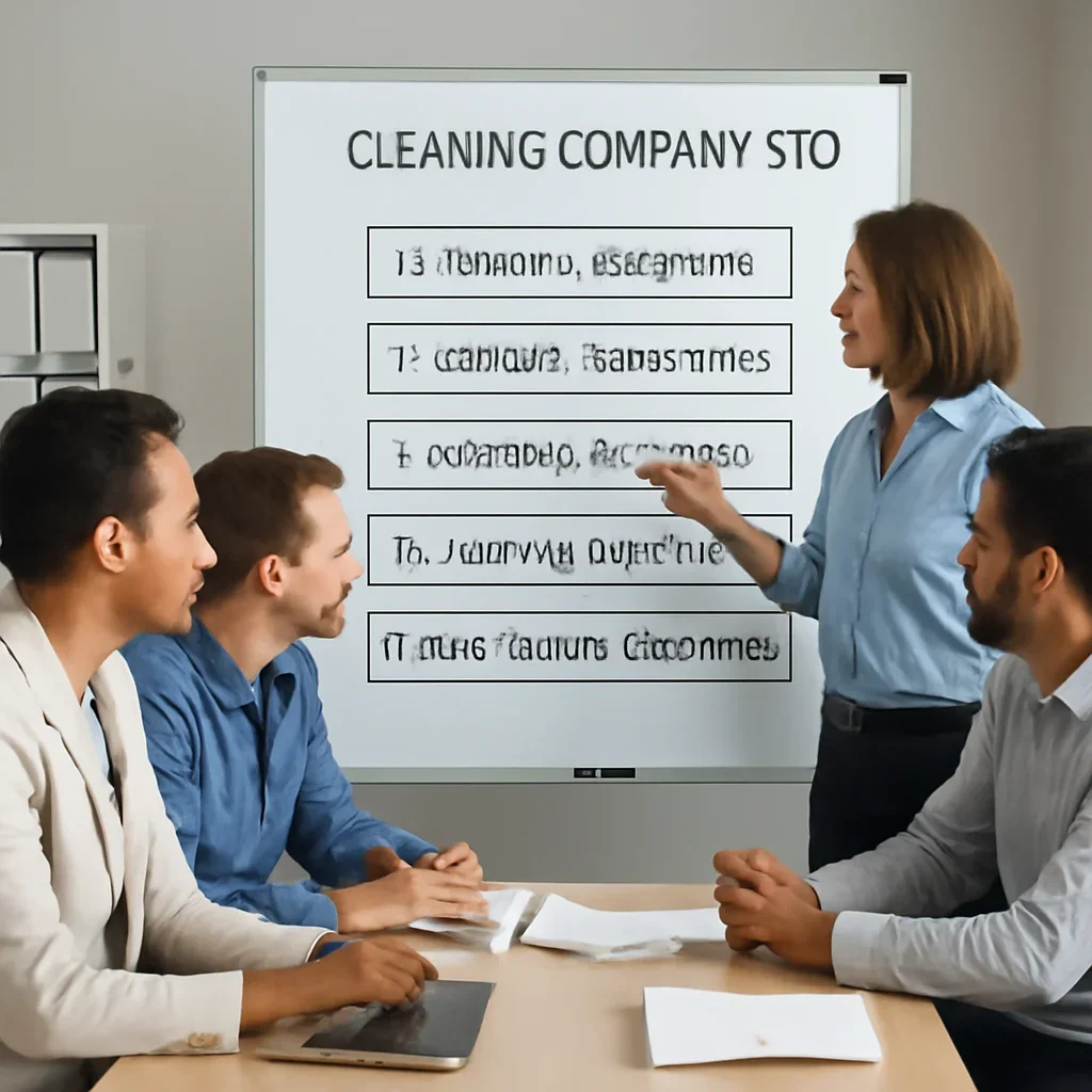 Team reviewing the implementation process for cleaning company seo