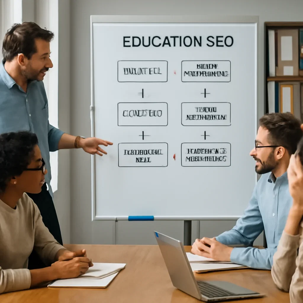 Team reviewing the implementation process for education seo