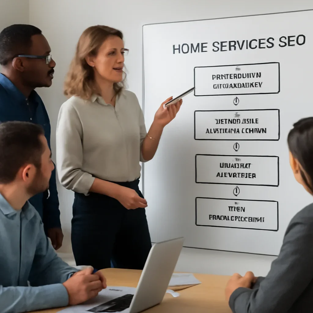 Team reviewing the implementation process for home services seo