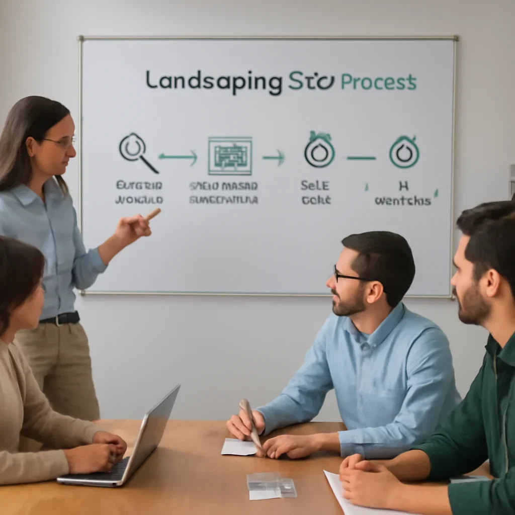 Team reviewing the implementation process for landscaping seo
