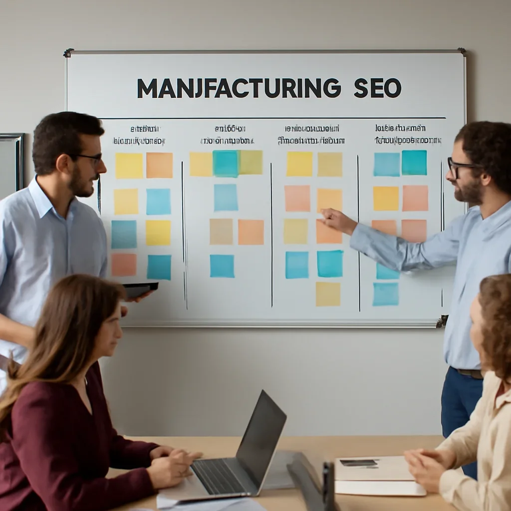 Team reviewing the implementation process for manufacturing seo