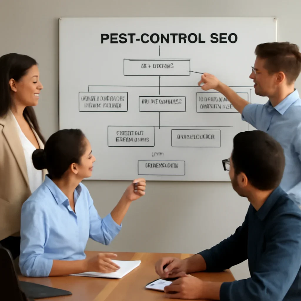 Team reviewing the implementation process for pest control seo