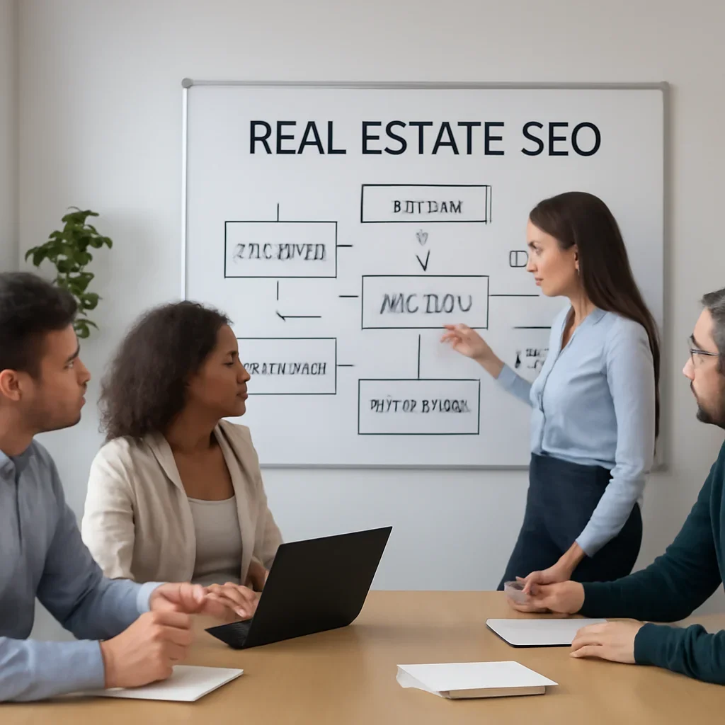 Team reviewing the implementation process for real estate seo