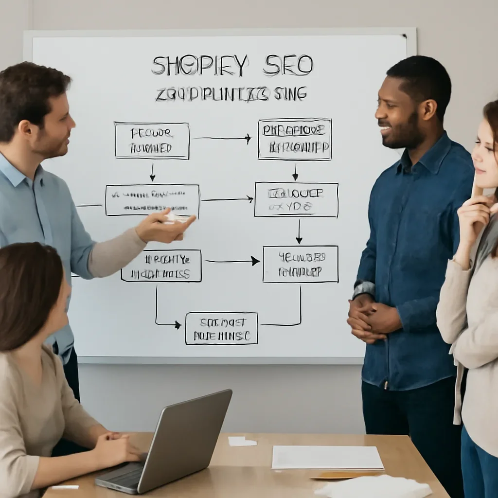 Team reviewing the implementation process for shopify seo