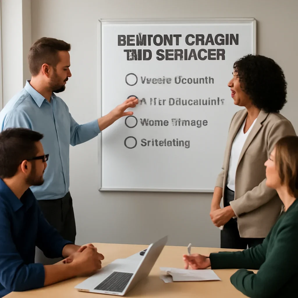 Team reviewing the implementation process for belmont cragin seo services