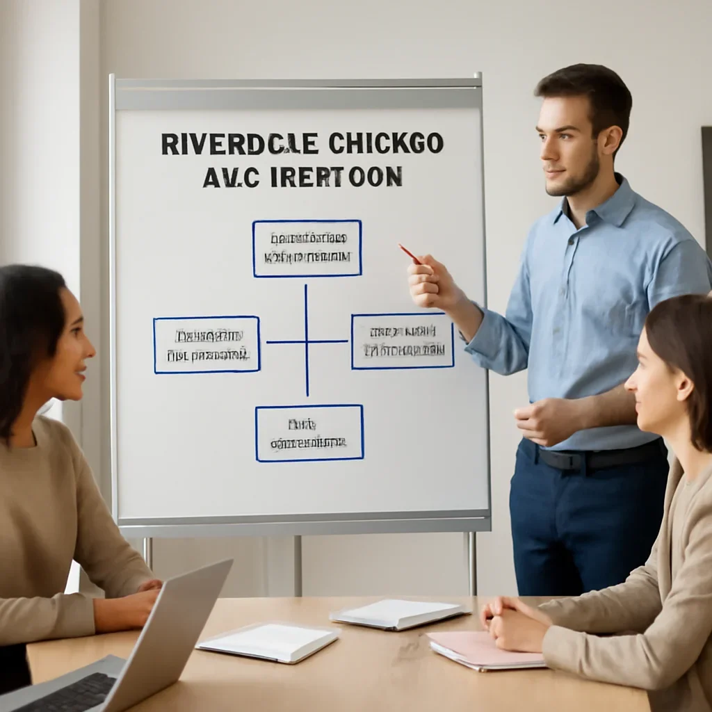 Team reviewing the implementation process for riverdale chicago seo services