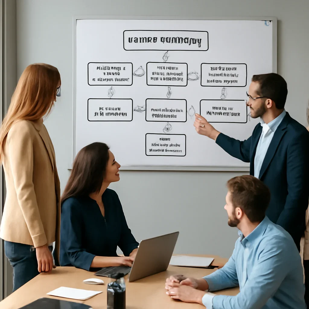 Team reviewing the implementation process for content marketing