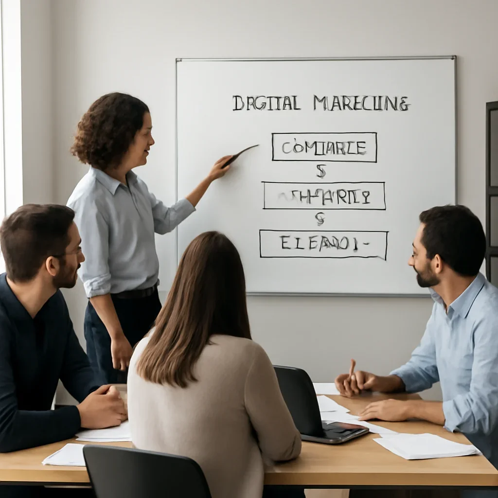 Team reviewing the implementation process for digital marketing