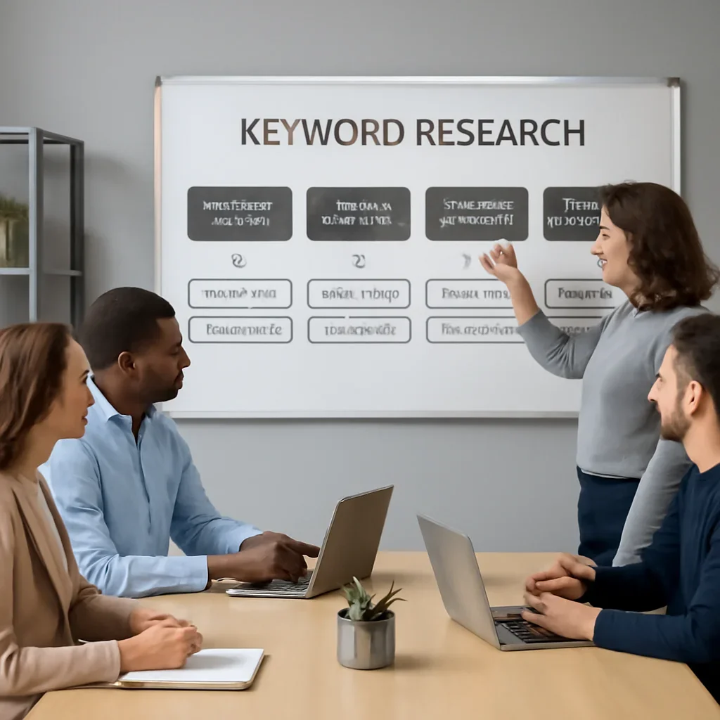 Team reviewing the implementation process for keyword research