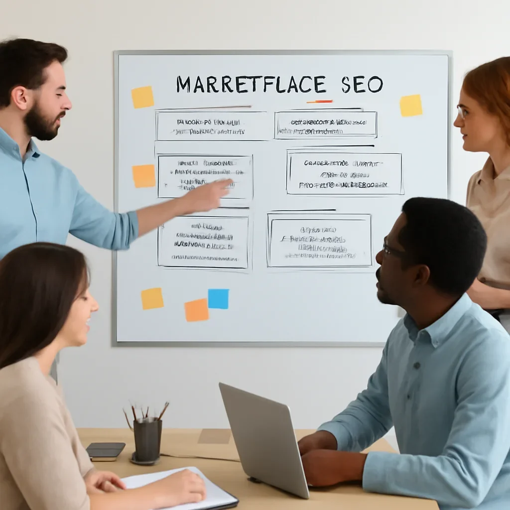 Team reviewing the implementation process for marketplace seo