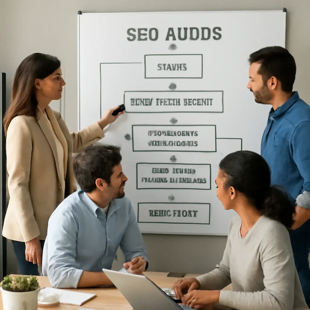 Team reviewing the implementation process for seo audits