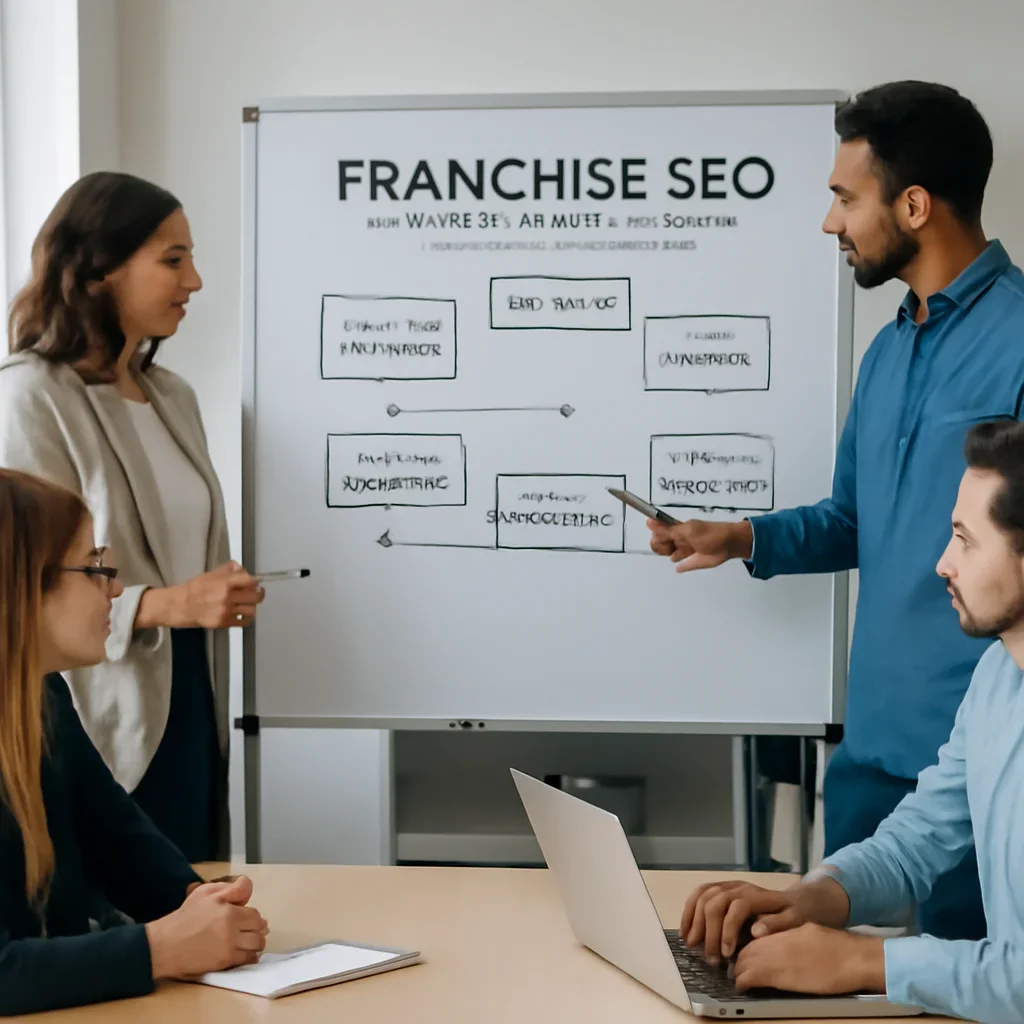 Team reviewing the implementation process for franchise seo