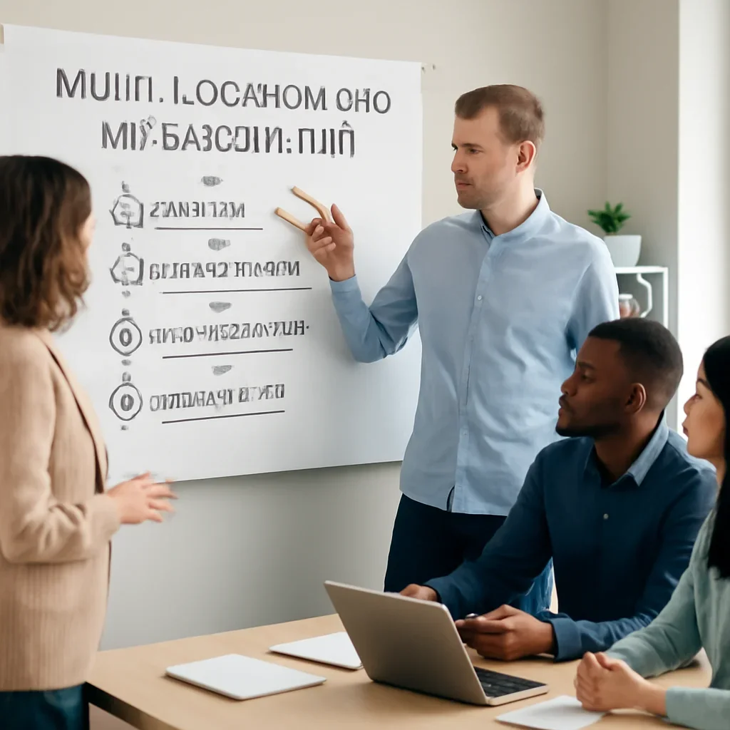 Team reviewing the implementation process for multi-location seo