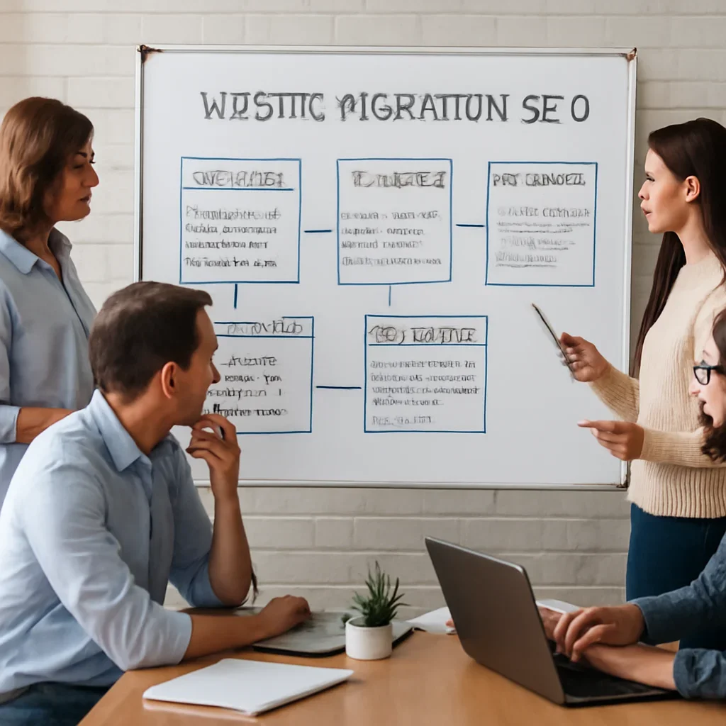 Team reviewing the implementation process for website migration seo